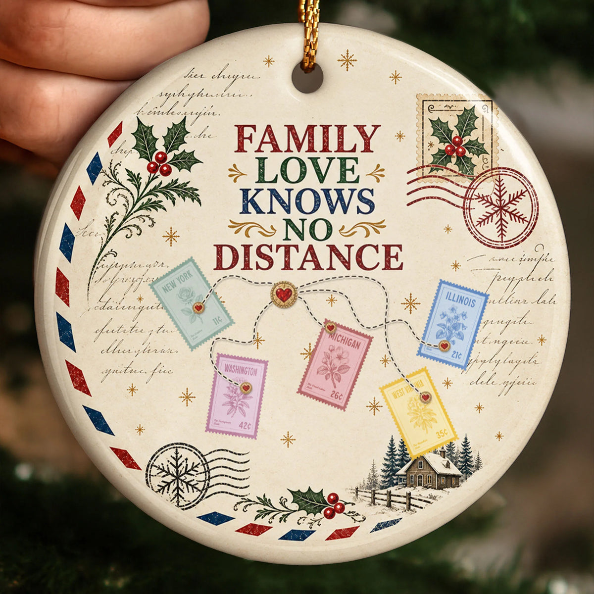 "Family Love Knows No Distance" Personalized Ceramic Ornament - Long Distance Christmas Keepsake Gift for Family