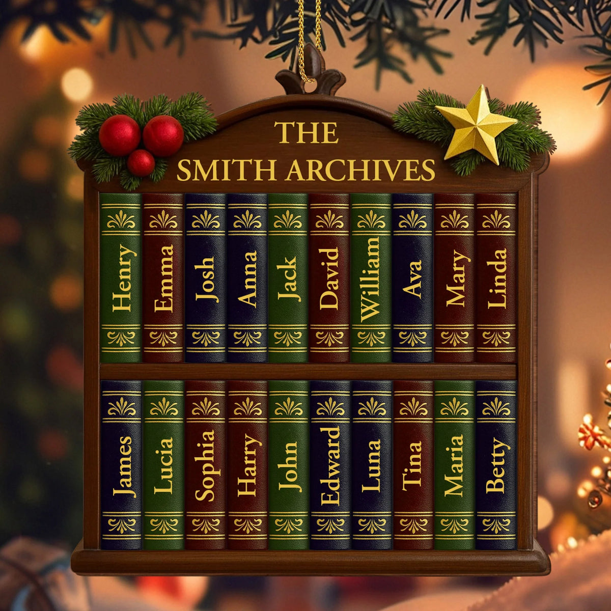 Custom Family Bookshelf Wooden Ornament - Personalized Christmas Decor Gift for Book Lovers