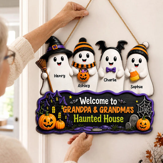 Welcome To Grandma Grandpa Haunted House Sign - Personalized Ghost Family Wood Sign Decor