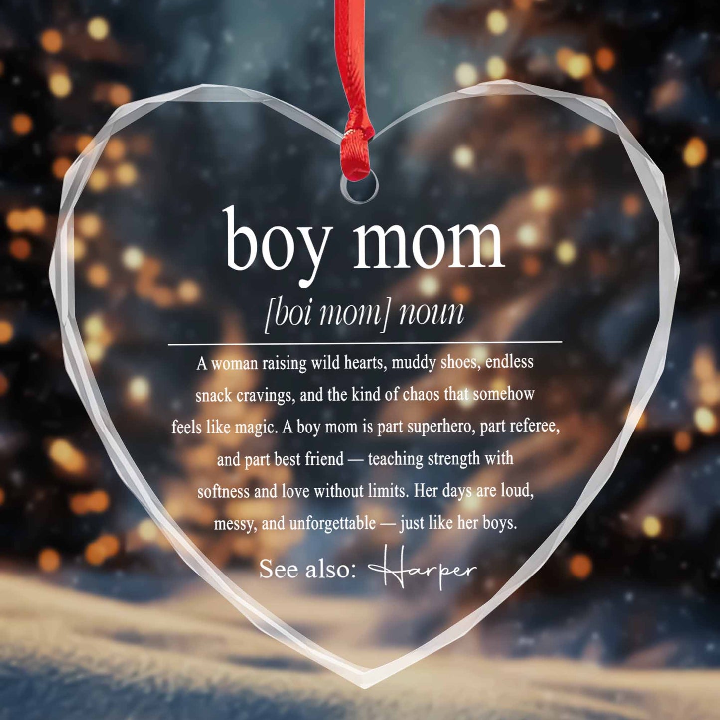 Boy Mom Heart Glass Ornament personalization view for Mom