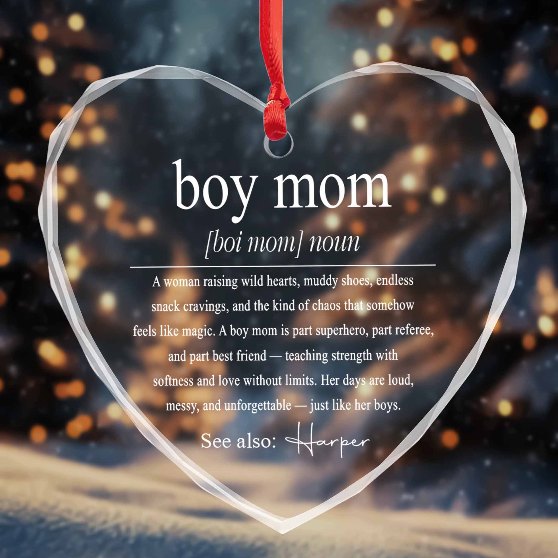 Boy Mom Heart Glass Ornament personalization view for Mom