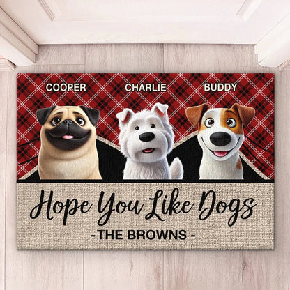 Personalized dog lovers welcome doormat with custom family name and cartoon dogs for home entryway decoration