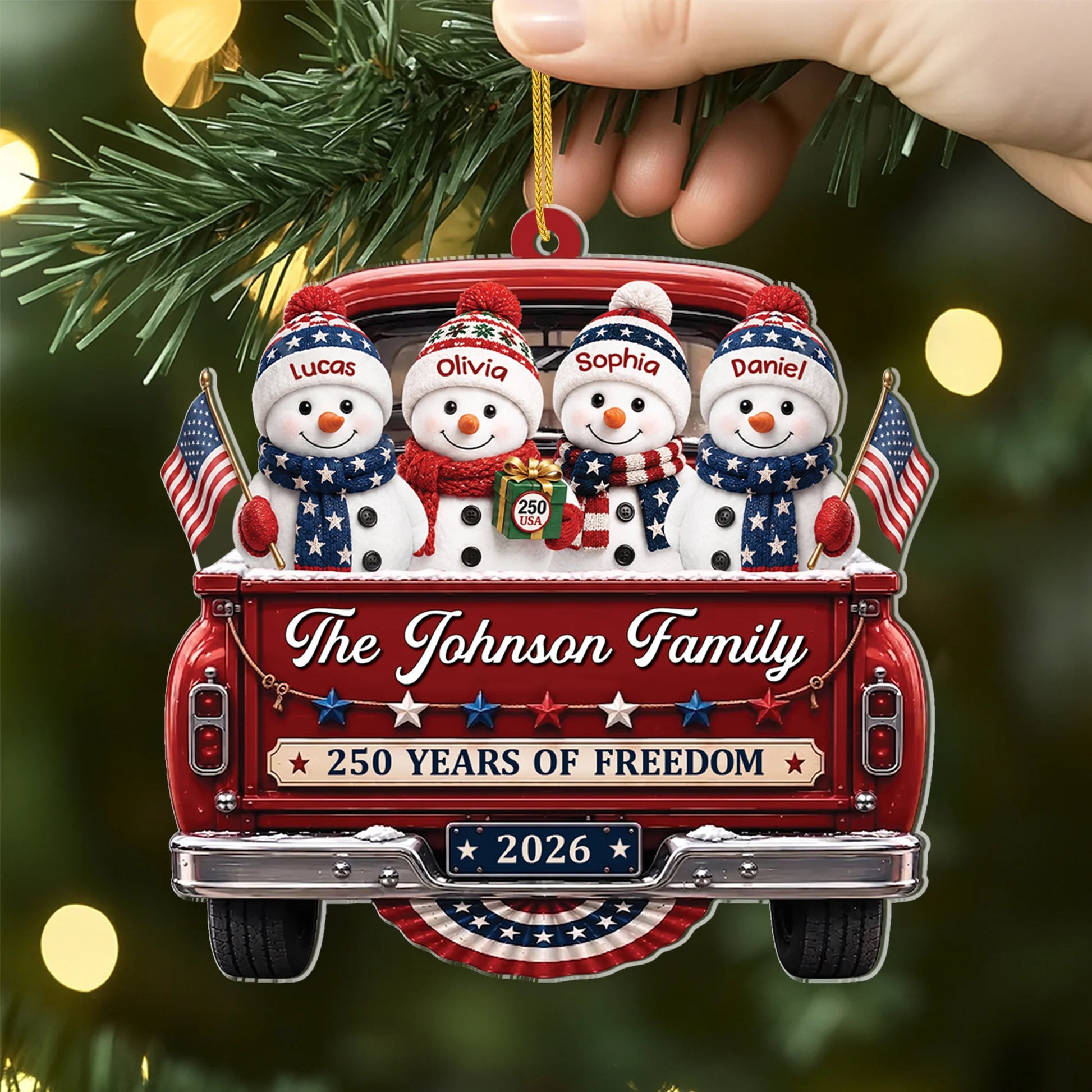 250 Years Of Freedom Snowman Family Truck - Personalized Acrylic Christmas Ornament for Family