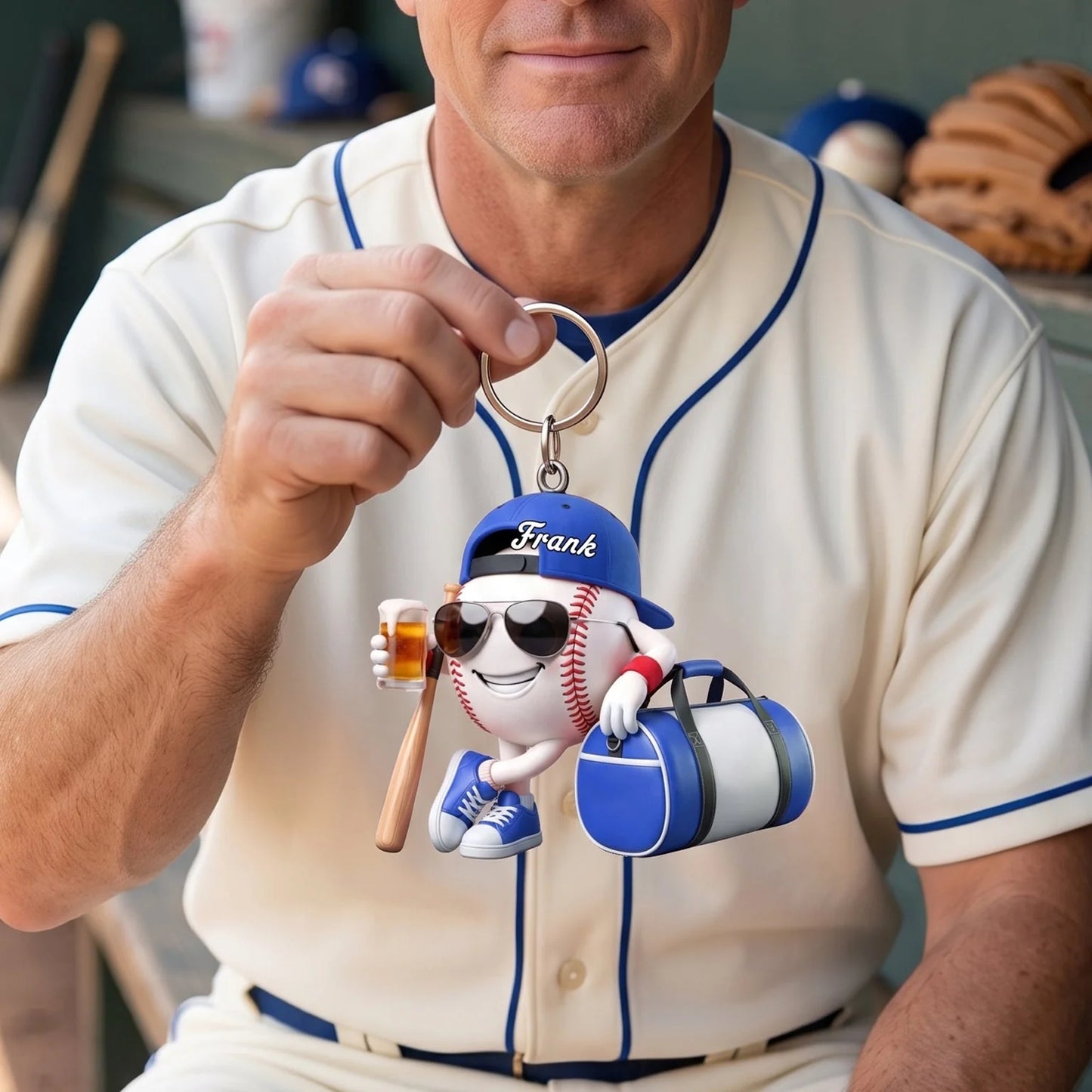 Bat Ball And Cold Brews Mascot Keychain - Custom Baseball Keychain Gift for Players and Coaches