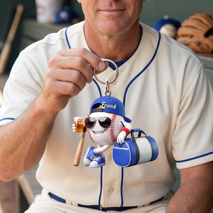 Bat Ball And Cold Brews Mascot Keychain - Custom Baseball Keychain Gift for Players and Coaches