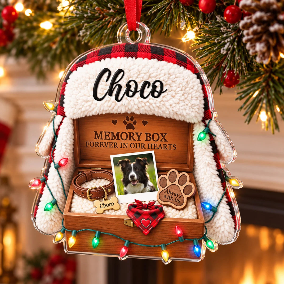 "Memory Box Forever in Our Hearts" Custom Photo Dog Pet Remembrance Acrylic Ornament - Christmas Gift for Pet Lovers