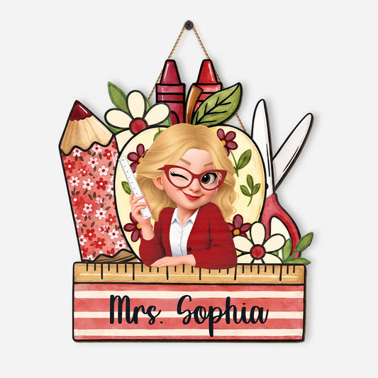 Personalized teacher wood sign with cartoon illustration and custom teacher name plaque for classroom door decor