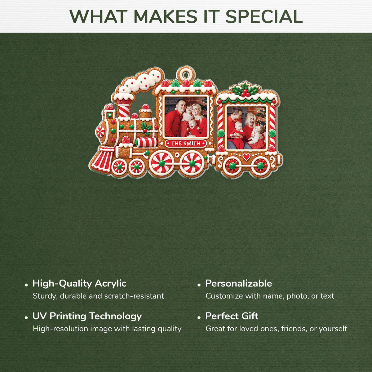 Custom Photo Gingerbread Christmas Train Acrylic Ornament - Personalized Gift for Family