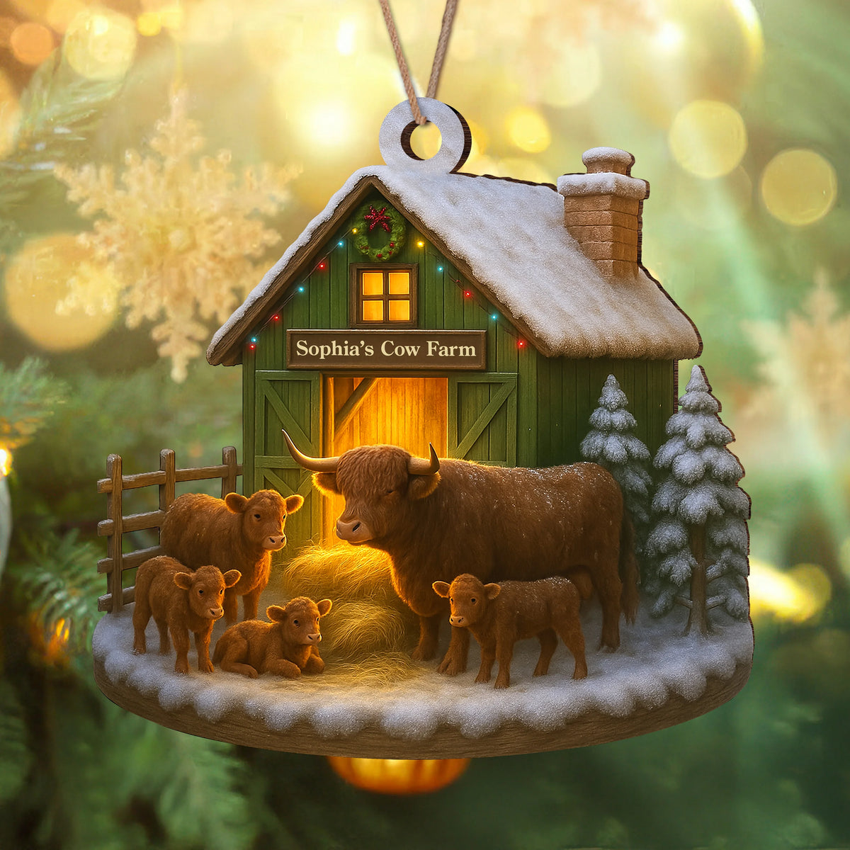 Custom Name Highland Cow Farm Wood Ornament - Personalized Farmhouse Christmas Tree Decoration and Holiday Keepsake Gift