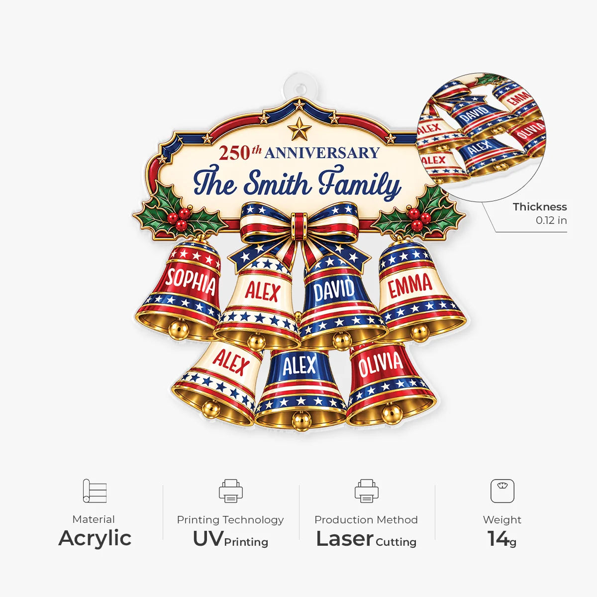250th Anniversary Custom Names Family Bells Acrylic Ornament - Personalized Christmas Keepsake Gift for Family