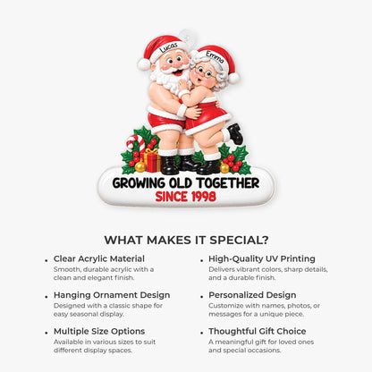 Growing Old Together Hugging Santa Couple - Personalized Acrylic Ornament for Christmas Keepsake