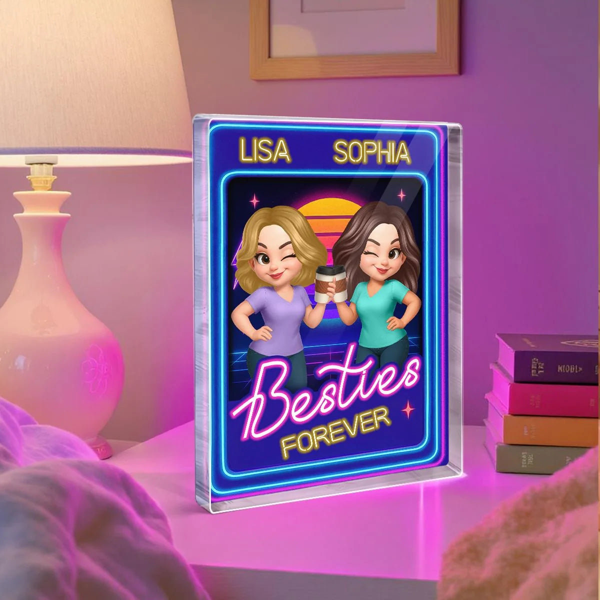 Personalized best friend acrylic block featuring retro neon design and customized avatars for a unique keepsake gift