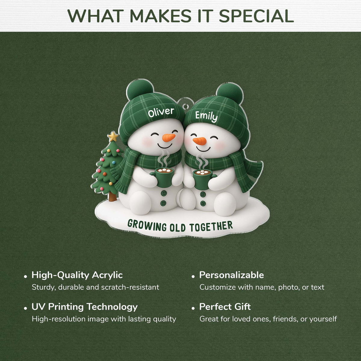 "Growing Old Together" Personalized Snowman Couple Ornament - Custom Christmas Keepsake