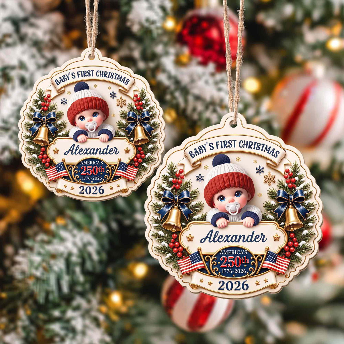 "Baby’s First Christmas" Personalized Wooden Ornament - America’s 250th Anniversary Keepsake for New Parents