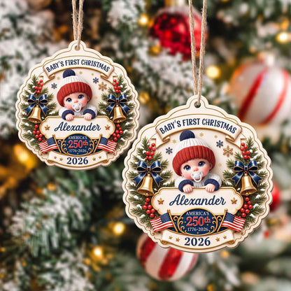 "Baby’s First Christmas" Personalized Wooden Ornament - America’s 250th Anniversary Keepsake for New Parents