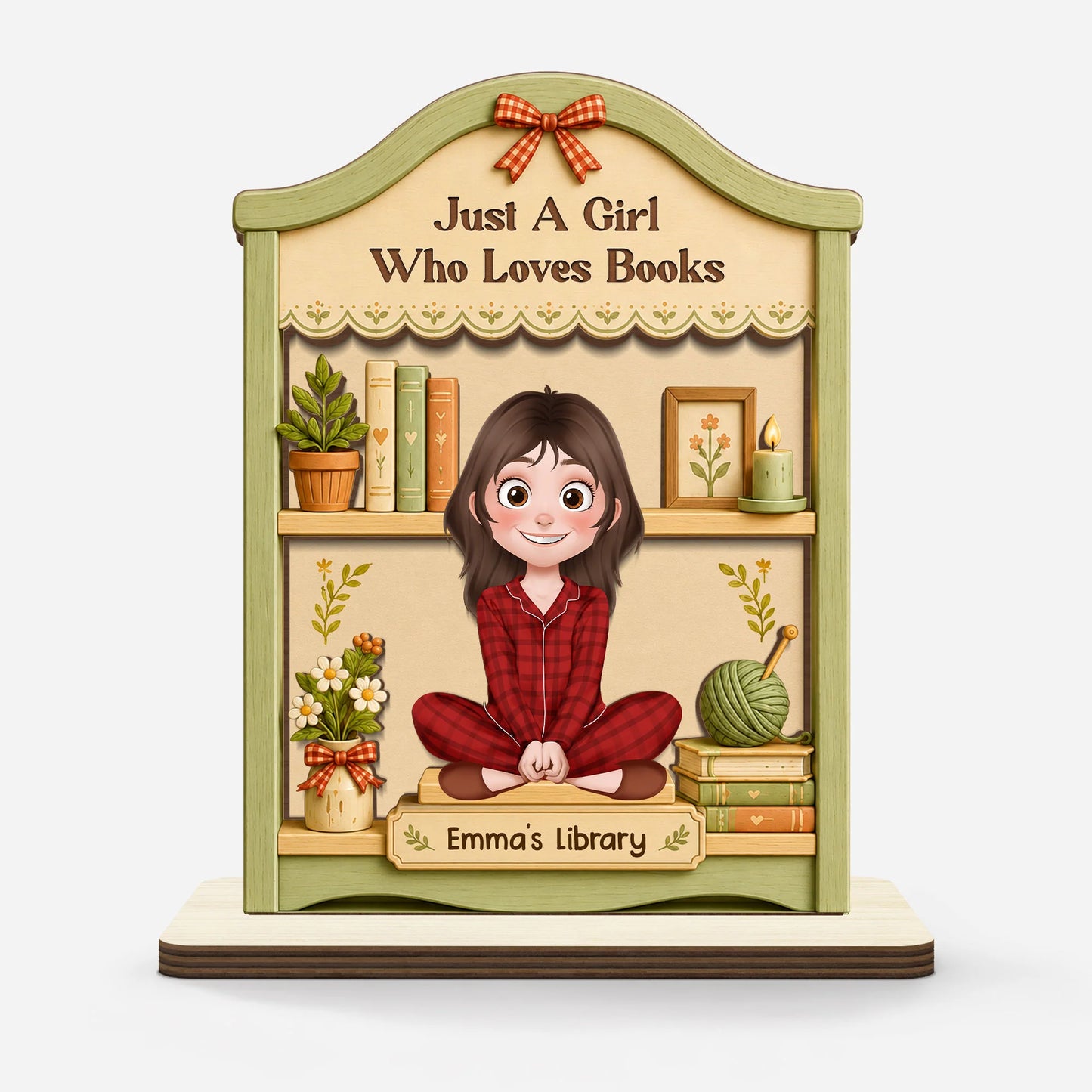 Personalized book lover plaque with cartoon girl reading on a custom bookshelf - custom library gift