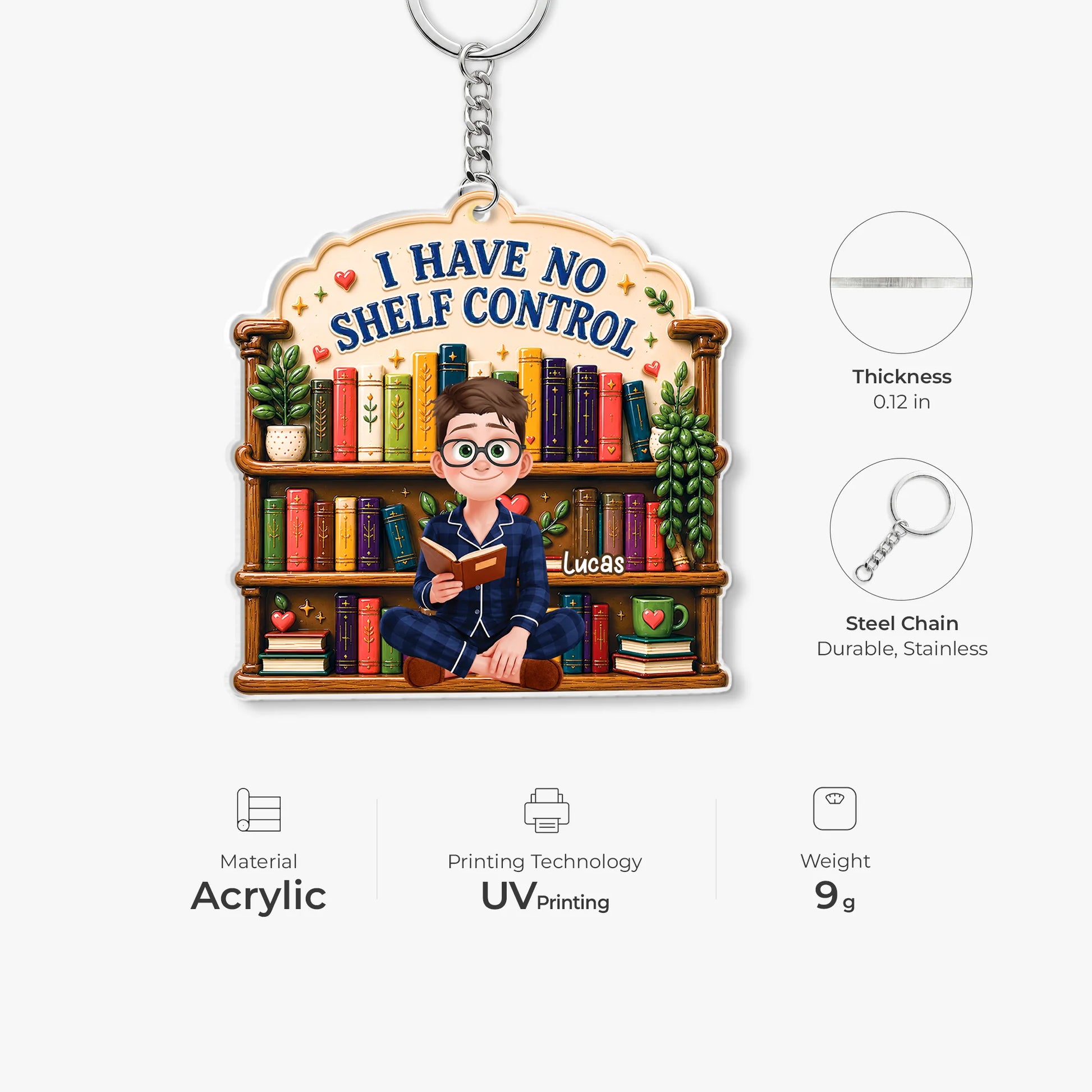 Keychain material and size view - Custom Bookshelf Keychain