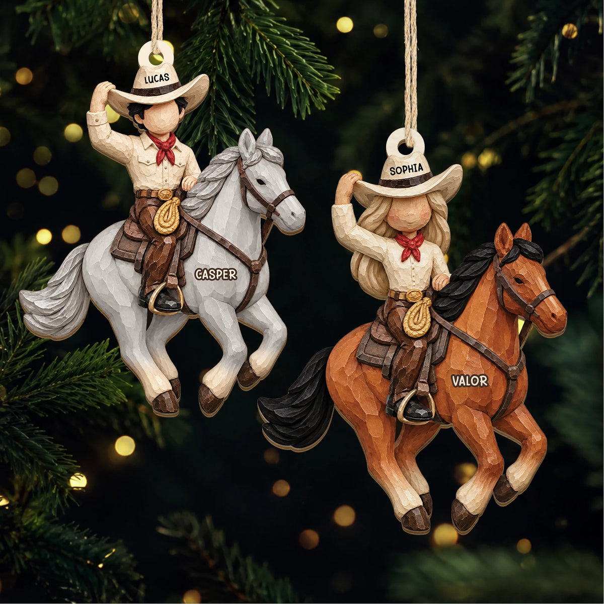 Personalized Cowboy & Cowgirl Horse Wooden Ornament for Kids and Horse Lovers - Custom Christmas Keepsake Gift