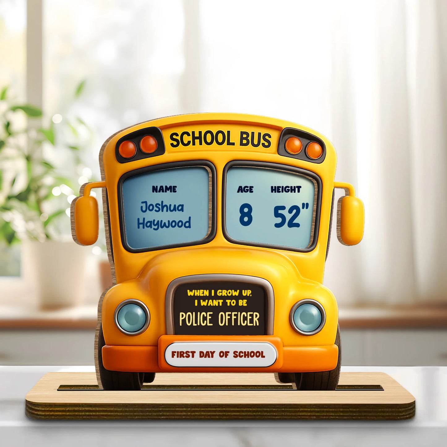 Custom First Day Of School Bus Wood Plaque for Kids/Babies with personalized design details for meaningful gifting