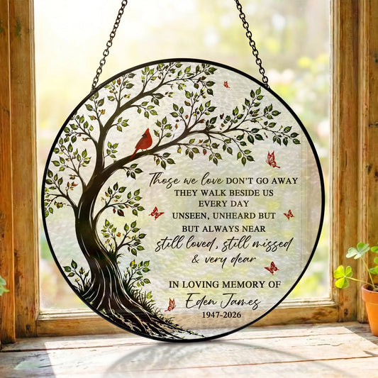 Personalized memorial suncatcher ornament featuring a red cardinal on a tree for family lost loved ones