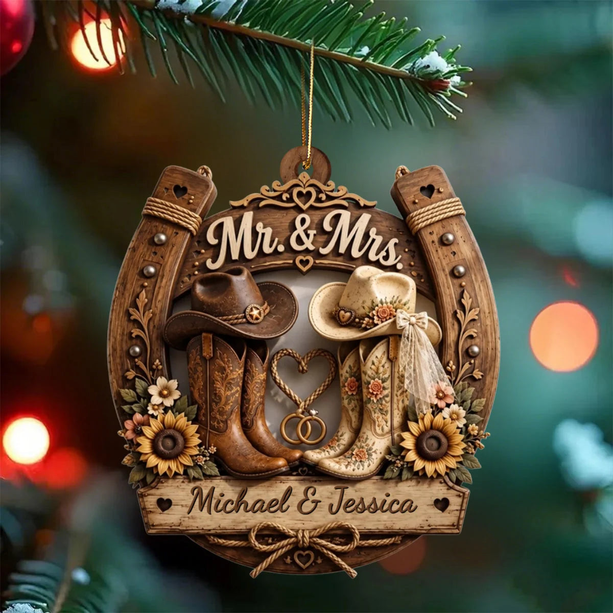 Personalized couple western wooden ornament featuring cowboy boots and horseshoe for newlyweds