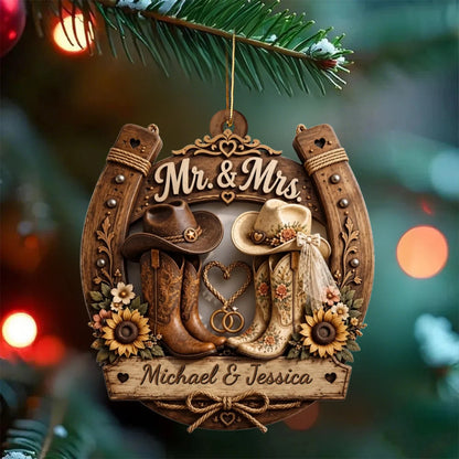 Personalized couple western wooden ornament featuring cowboy boots and horseshoe for newlyweds