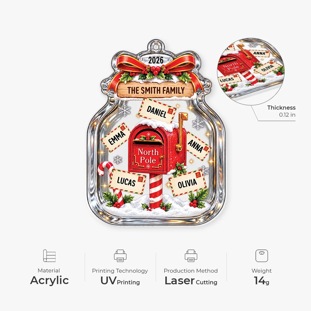 North Pole Mailbox Personalized Acrylic Ornament - Christmas Holiday Keepsake for Family