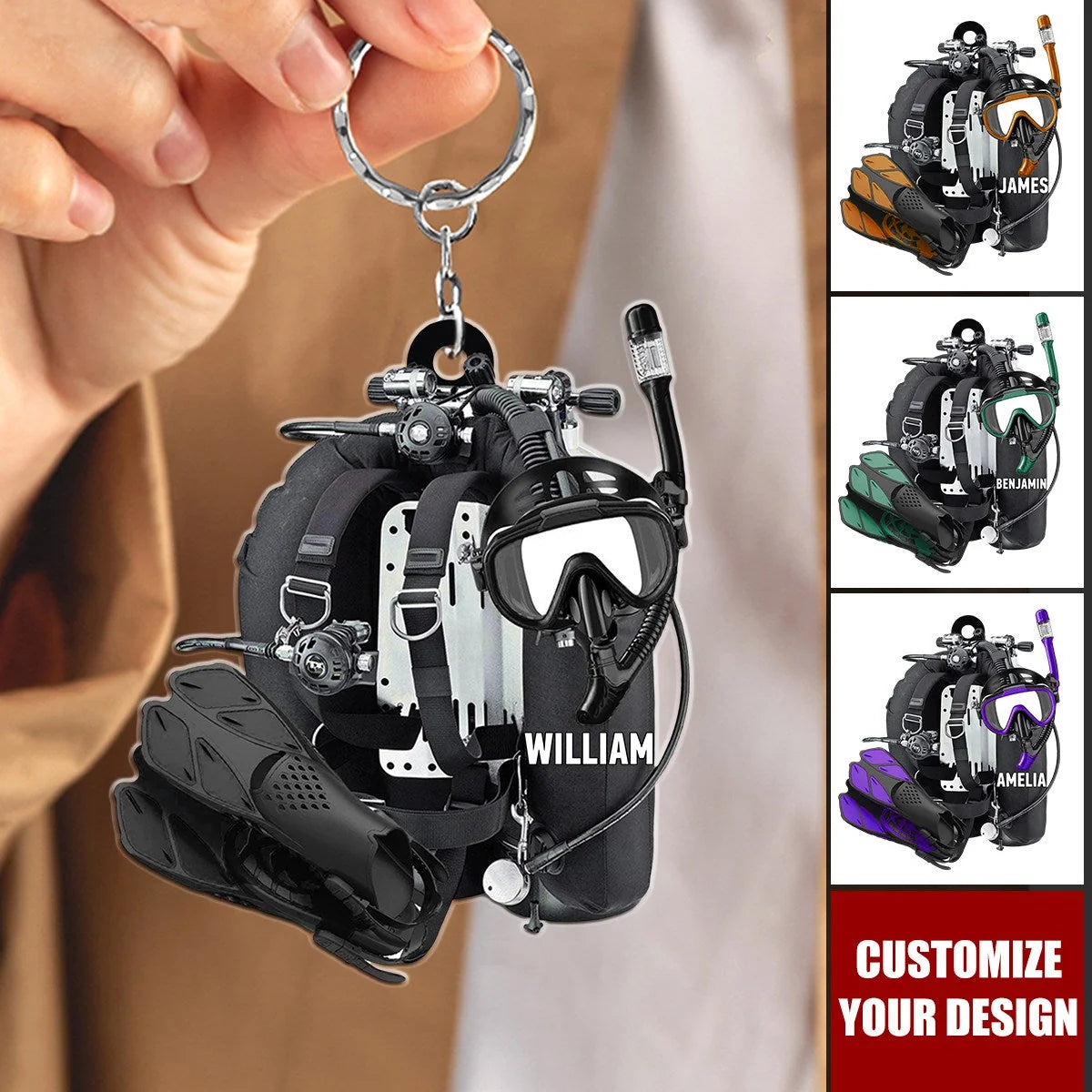 Personalized Scuba Diving Gear Acrylic Keychain - Custom Scuba Diver Name Gift for Ocean Lovers