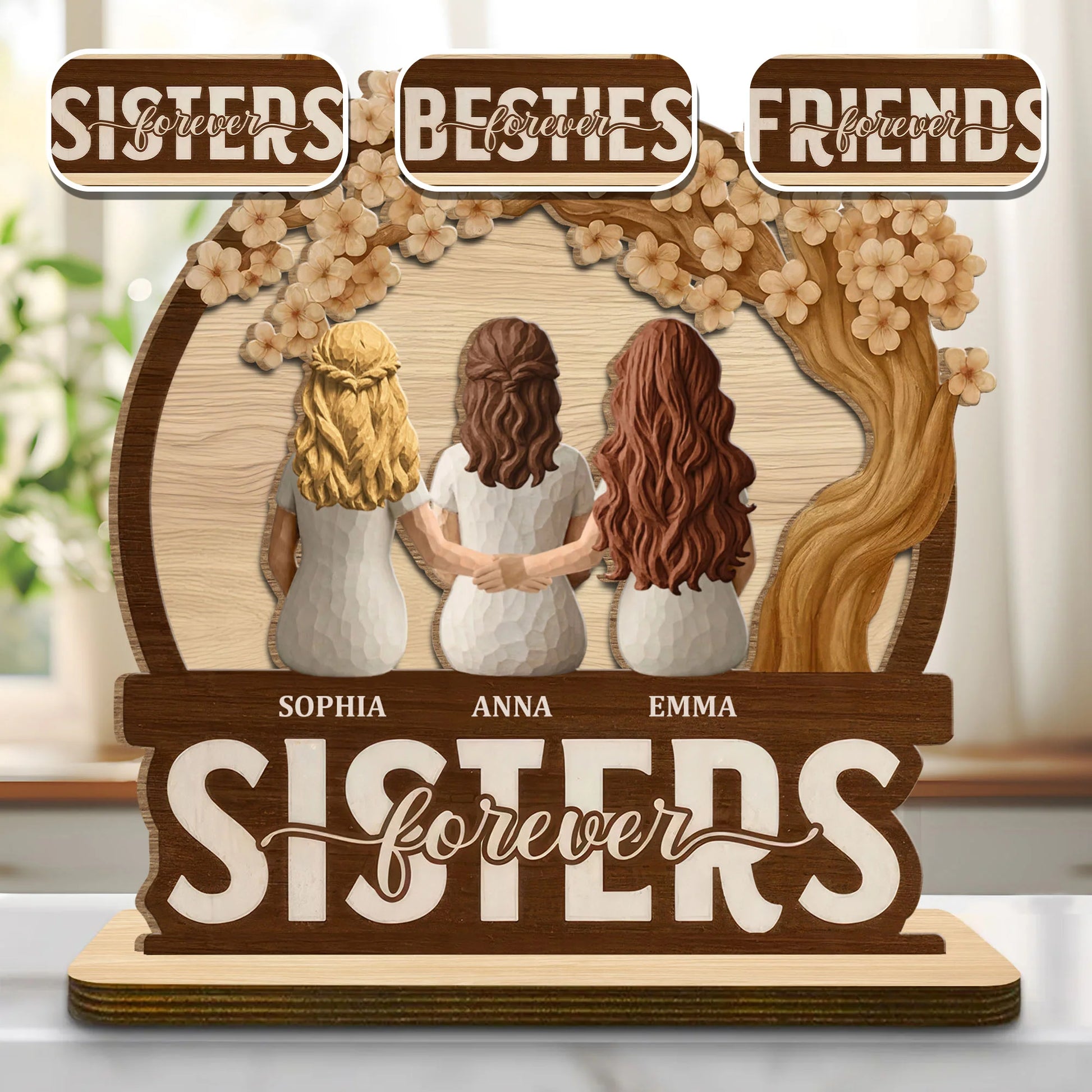 Personalized sister wood plaque featuring custom names and rustic floral tree design - thoughtful friendship desk gift