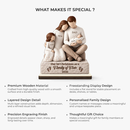 Our First Christmas as a Family of Four - Personalized Wooden Plaque for Holiday Gift