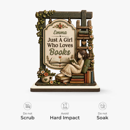 Just A Girl Who Loves Books Personalized Wooden Plaque - Custom Bookworm Desk Decor Gift