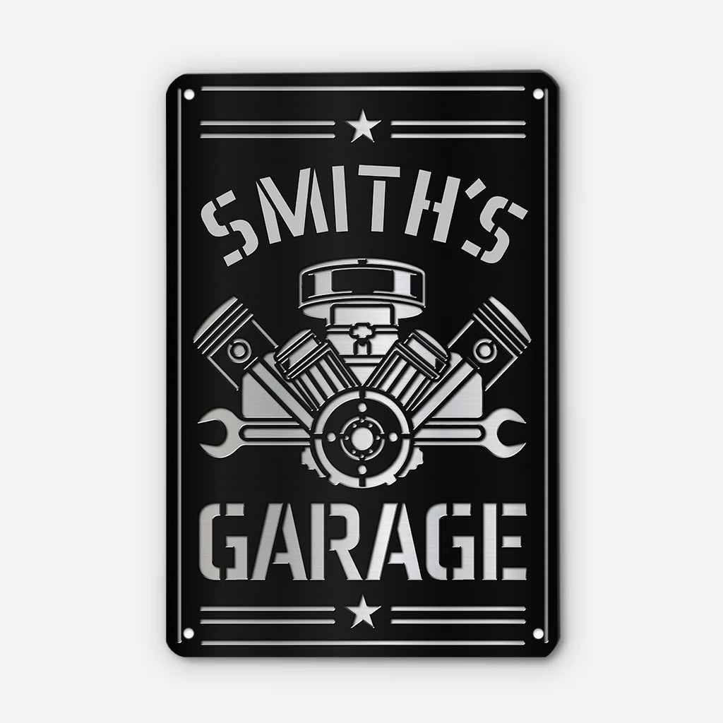 Vintage Engine Personalized Metal Garage Sign - Custom Man Cave Workshop Wall Decor