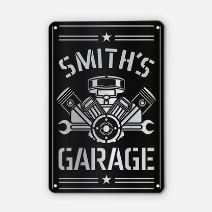Vintage Engine Personalized Metal Garage Sign - Custom Man Cave Workshop Wall Decor