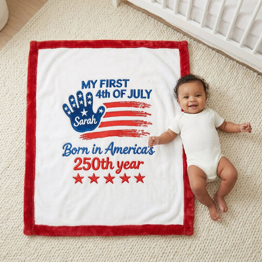 Personalized baby blanket with American flag design and name Sarah for a 4th of July newborn gift