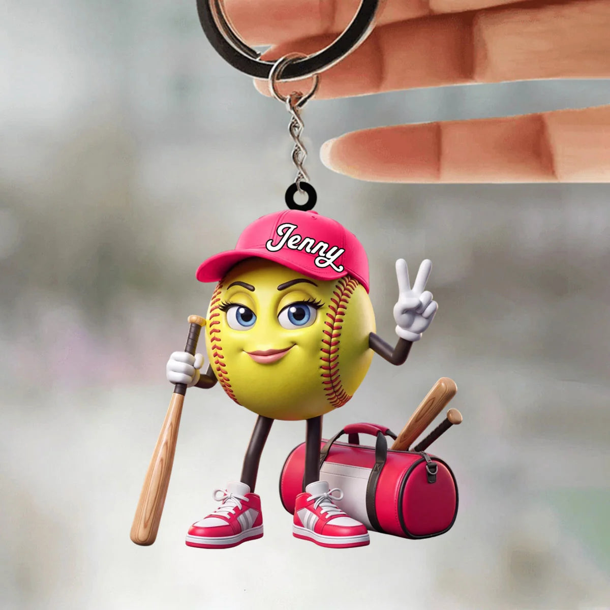 Cute V-Sign Mascot Personalized Baseball Acrylic Keychain - Custom Name Softball Bag Tag Gift