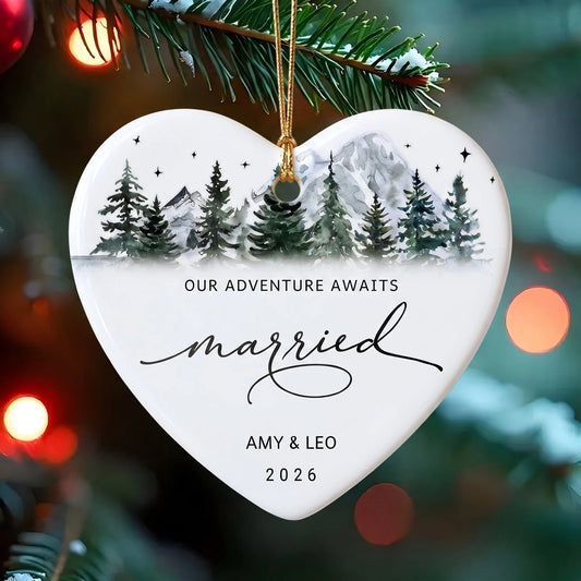 "Our Adventure Awaits" Personalized Engaged Ceramic Ornament for Couples - Custom Mountain Keepsake Gift