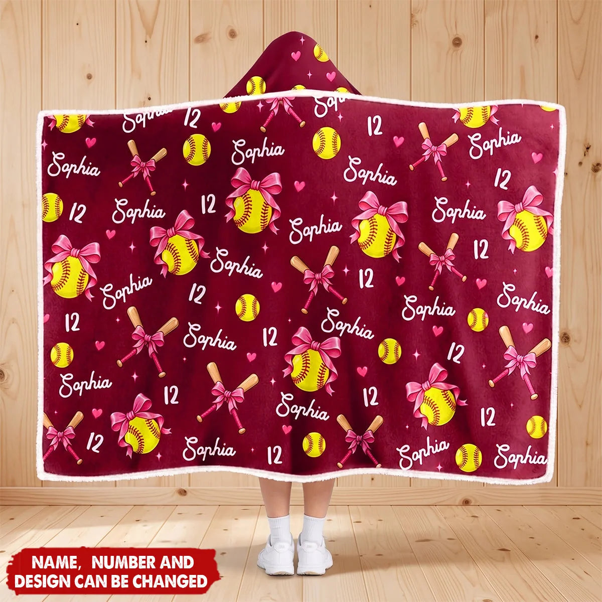 Personalized Softball Player Wearable Hooded Blanket - Custom Name Number Coquette Bow Gift for Girls