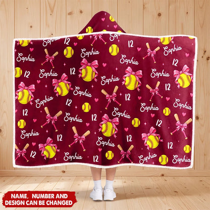 Personalized Softball Player Wearable Hooded Blanket - Custom Name Number Coquette Bow Gift for Girls