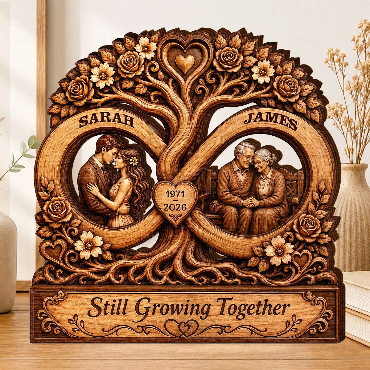 Still Growing Together Infinity Tree Personalized Wooden Block - Custom Couple Anniversary Gift Keepsake