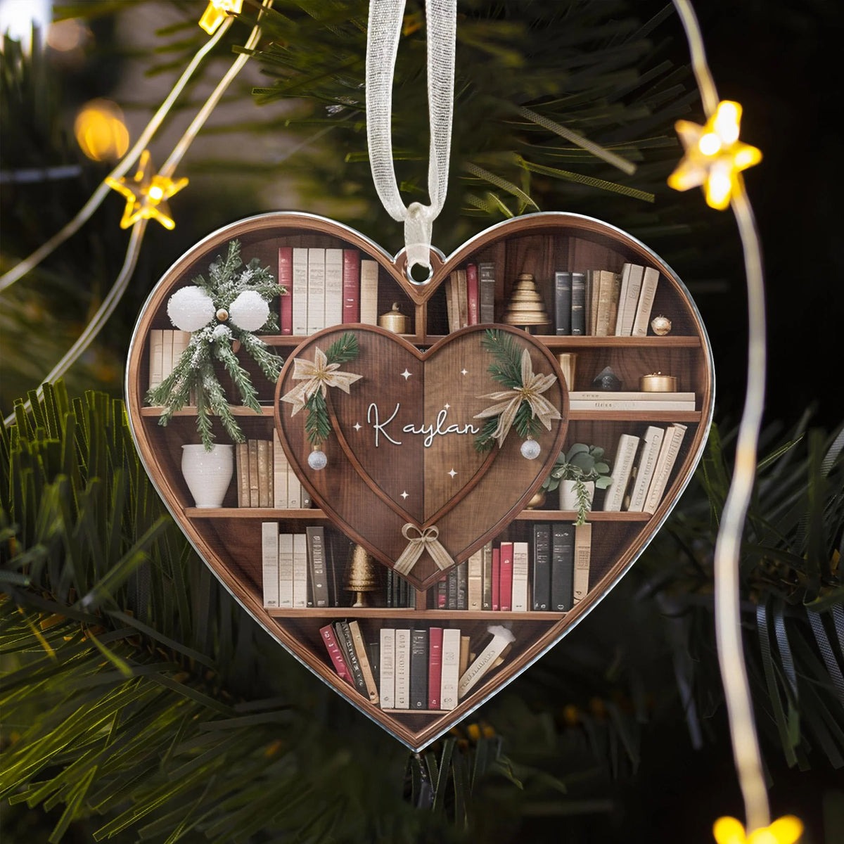Personalized Bookshelf Heart Wood Ornament - Custom Christmas Gift for Book Lovers