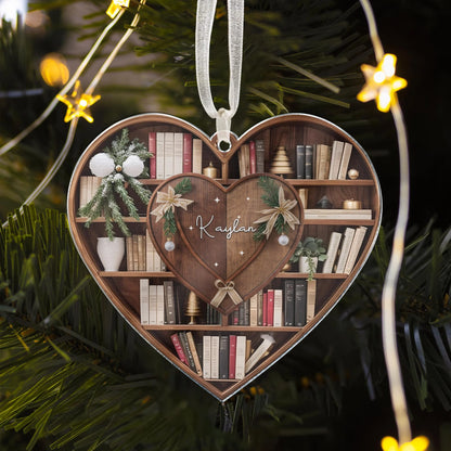 Personalized Bookshelf Heart Wood Ornament - Custom Christmas Gift for Book Lovers