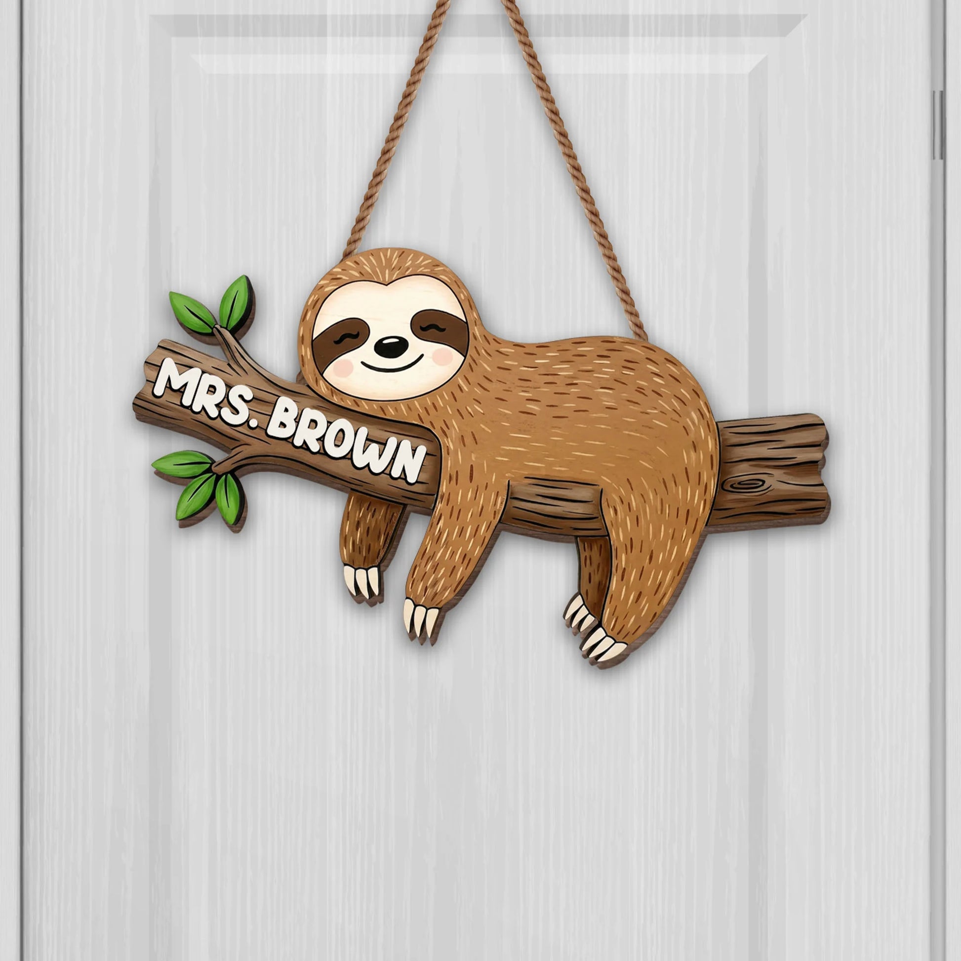 Personalized teacher sign with a cute sloth resting on a branch engraved with Mrs. Brown for classroom door decoration
