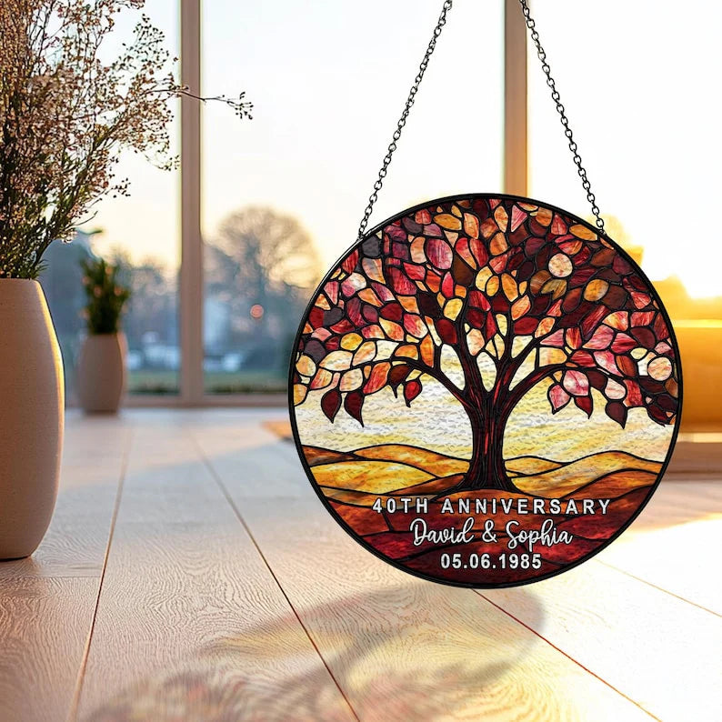 Ornament material and size view - 40Th Wedding Anniversary Stained Glass Suncatcher