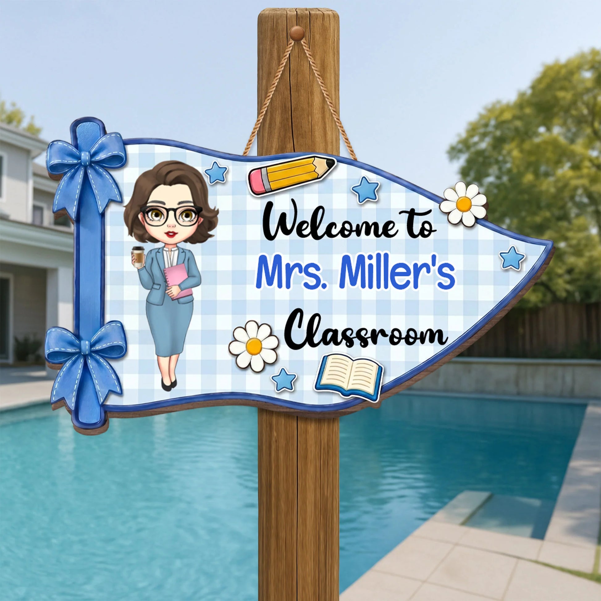 Personalized teacher wood sign with custom name and cartoon avatar for classroom door decor image 7