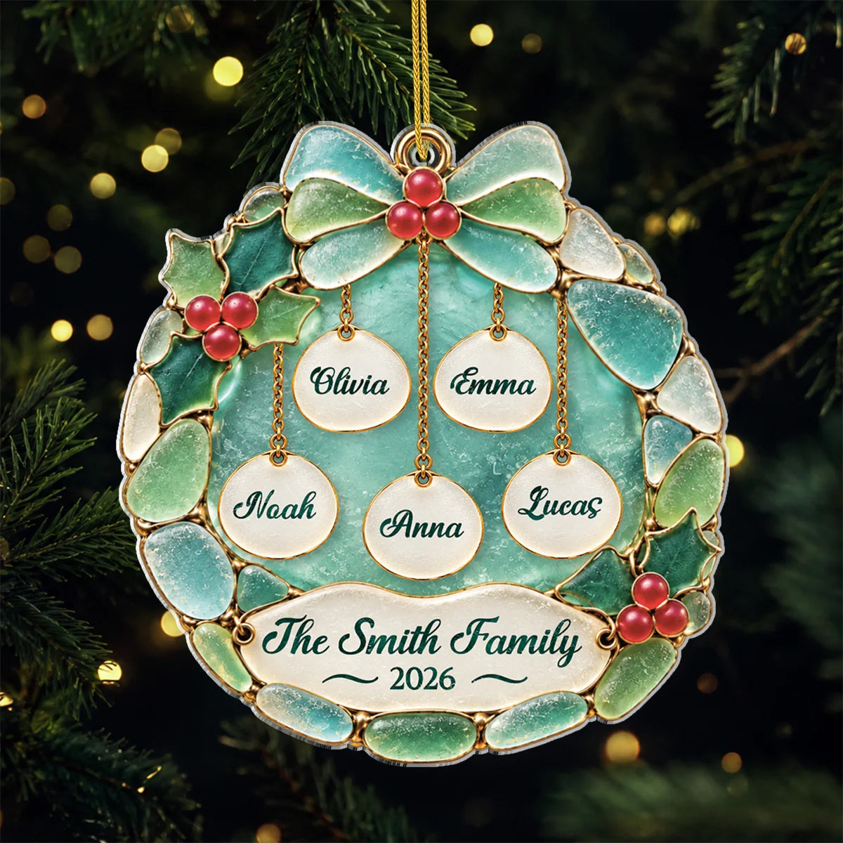 Personalized Christmas Holly Wreath Acrylic Ornament - Custom Family Name Holiday Gift