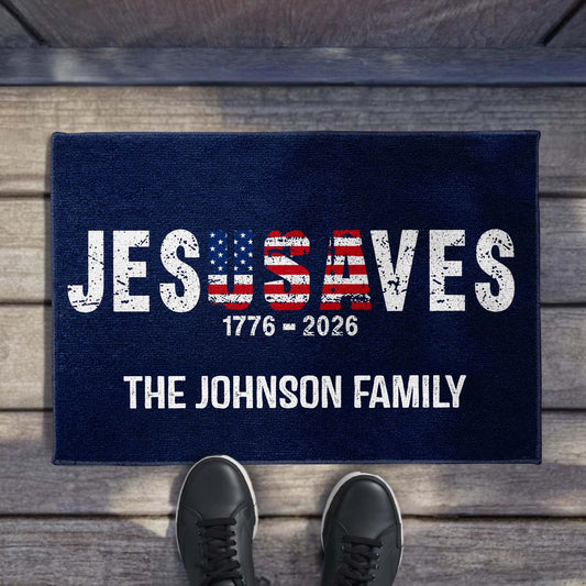 Patriotic Welcome Mat for Family with personalized design details for meaningful gifting