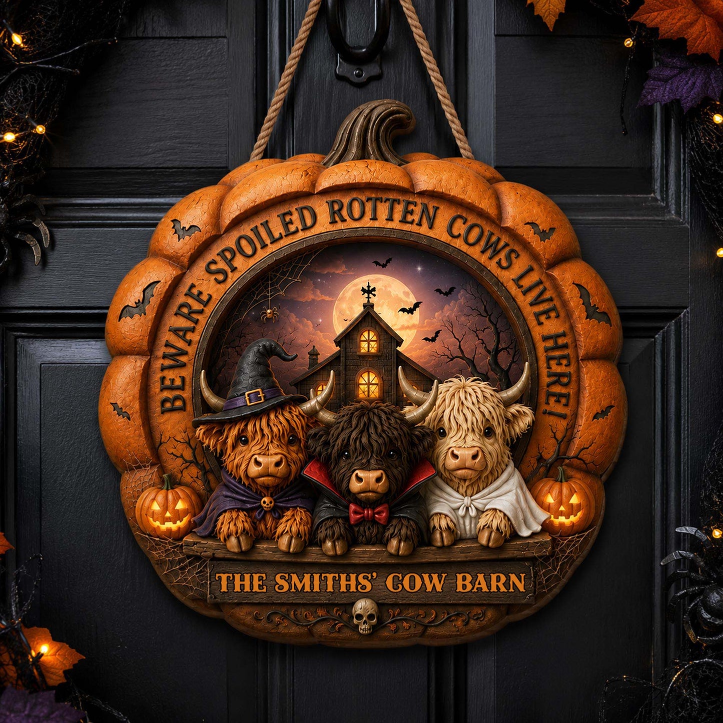"Beware Spoiled Rotten Cows Live Here" - Personalized Highland Cow Farm Halloween Wood Sign