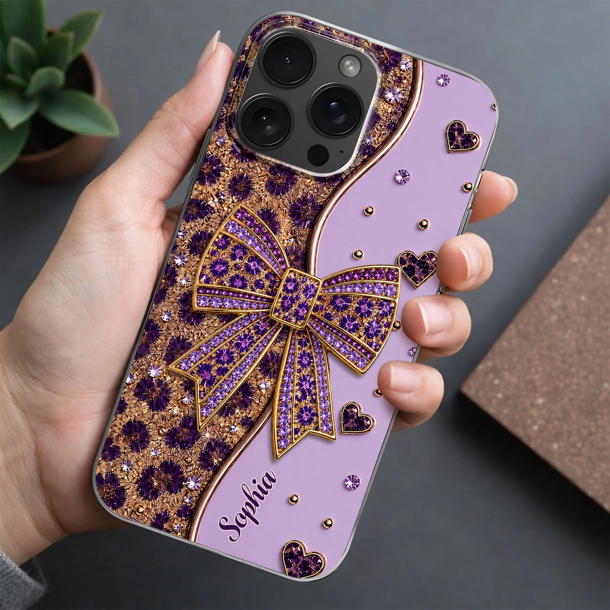 Custom name clear phone case with purple sparkling glitter bow design for iPhone and Samsung image 8