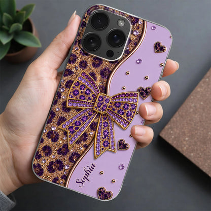 Custom name clear phone case with purple sparkling glitter bow design for iPhone and Samsung image 8
