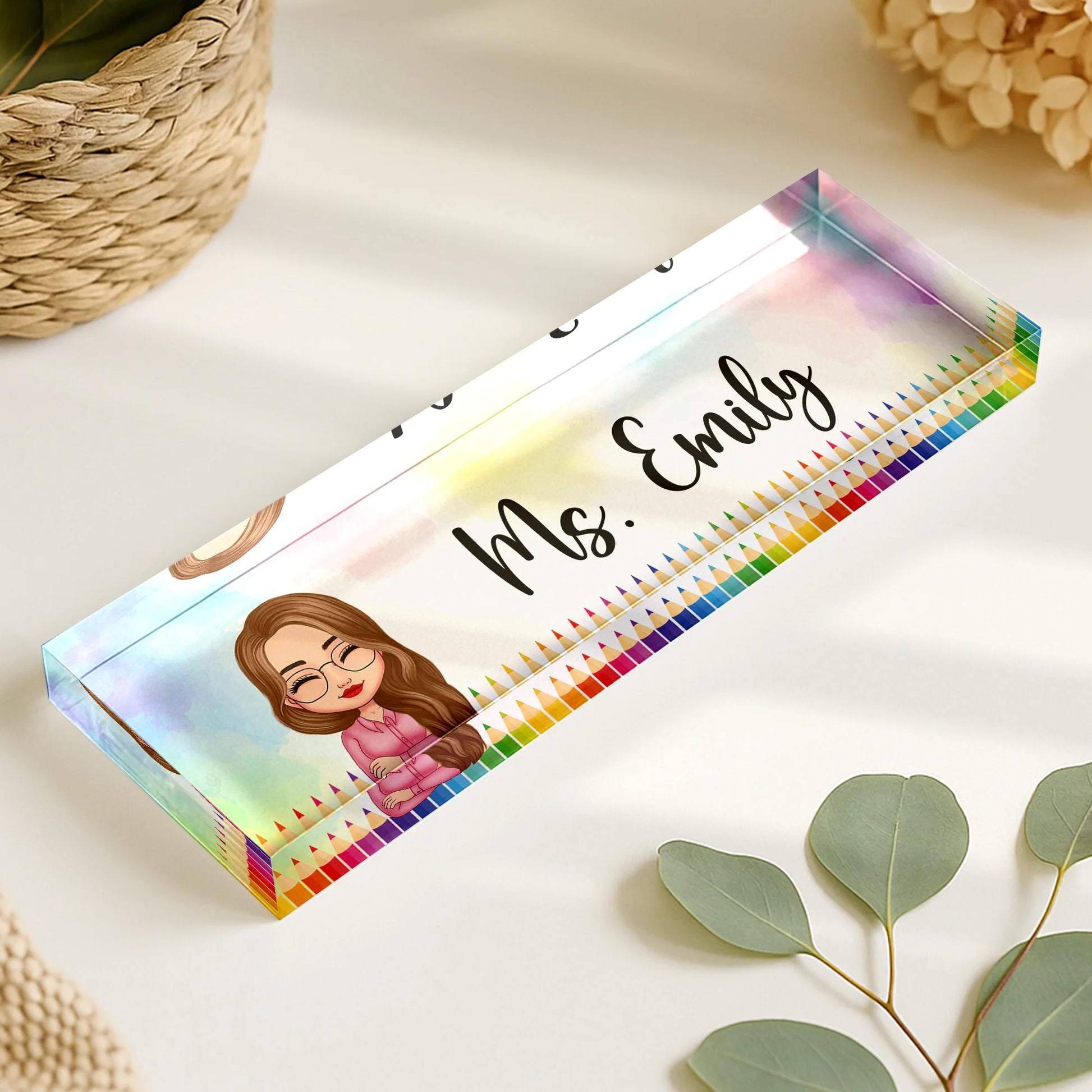 Personalized teacher desk name plate featuring a custom chibi cartoon avatar and classroom doodles image 6